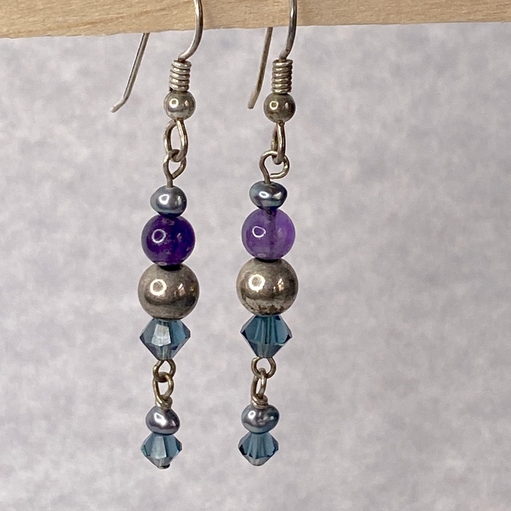 Amethyst Swarovski crystal Pearl dangle earrings silver